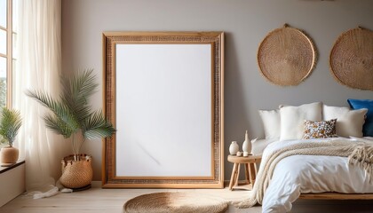 A modern bedroom featuring a large ornate mirror, natural textures, neutral tones, and decorative woven wall art, creating a serene and stylish ambiance.