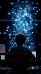 Person observing digital particles emerging from a computer screen.