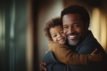 Obraz premium Father and son smiling warmly while embracing in a joyful family moment