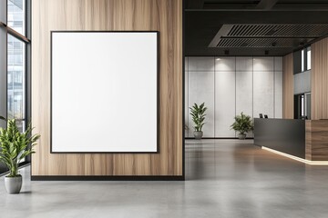 corporate branding identity logo display white blank frame mockup with modern business offices reception background as banner with copy space area mock up.generative ai