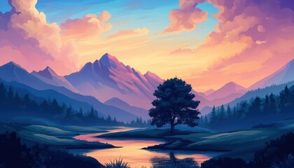 Scenic view of mountains at sunset with calm river and lone tree.