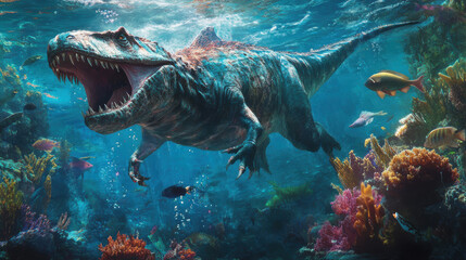 Fototapeta premium An underwater scene with a massive Mosasaurus swimming among coral reefs, surrounded by smaller fish and aquatic dinosaurs. Light filters from the waterâ€