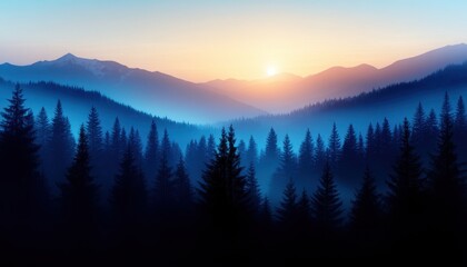 Obraz premium Serene sunrise over misty mountains and dense evergreen forest.