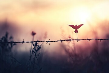 Cross of jesus christ break barrier wire on calvary sunday background good friday he is risen in easter day, Bird hope worship in God, generative ai