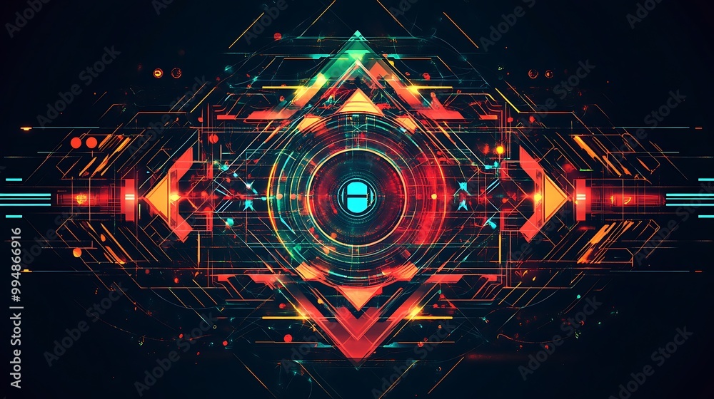 Poster Abstract digital technology background with glowing lines and geometric shapes.