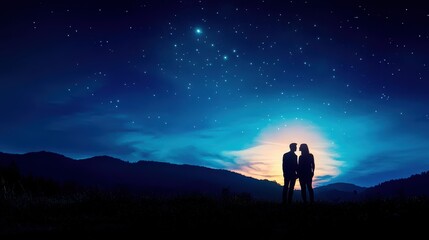 Silhouetted couple under a starry night sky with mountains in the background.