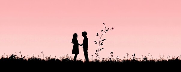 Silhouetted couple holding hands against a soft pink sunset background