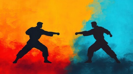 Naklejka premium Silhouettes of two fighters in dynamic poses against a colorful background.