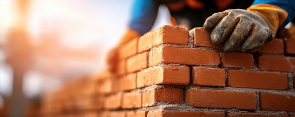 Skilled worker laying bricks with focus on construction process.