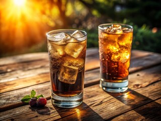 Two glasses sit on a rustic wooden table, as regular soda flows in on the left and diet soda flows in on the right, bathed in warm afternoon sunlight