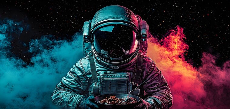 An astronaut chef holds a dark bowl of food, surrounded by swirling nebulae in vibrant colors. The atmosphere is whimsical, blending cosmic beauty with culinary adventure.