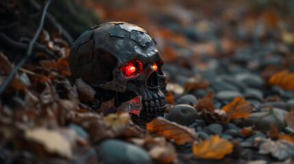 A spooky Halloween scene featuring a glowing red-eyed skull resting on a forest floor covered in leave