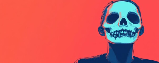 Stylized skeleton figure with colorful background, vivid artistic representation.