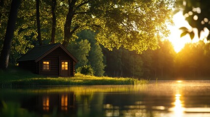 Fototapeta premium Tranquil lake house at sunset surrounded by lush trees and calm waters.