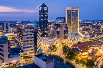 Downtown Jacksonville skyline at night, Florida, United States .