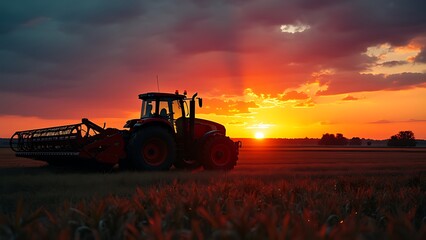 Fototapeta premium Agricultural machinery working in the fields at sunset, capturing the essence of modern farming. The warm glow of the setting sun highlights the equipment and the expansive farmland.