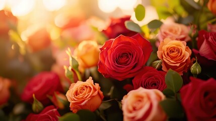 Naklejka premium Vibrant roses in various colors, softly illuminated by warm sunlight.