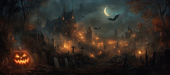 A spooky Halloween night with pumpkins, bats, and a haunted house under a crescent moon. Perfect for Halloween themes and eerie ambiance.