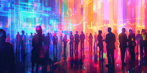 Vibrant Futuristic Digital Gathering with Virtual Reality Interaction and Dynamic Technology Innovation
