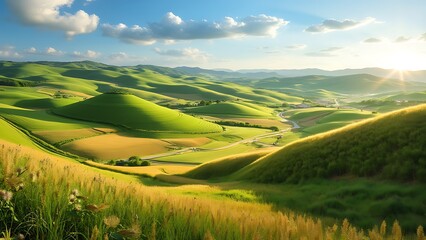 Obraz premium A breathtaking landscape of rolling agricultural hills, showcasing lush green fields and winding paths. The peaceful countryside creates a serene and picturesque scene.