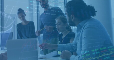 Image of financial data processing over diverse colleagues discussing work in office