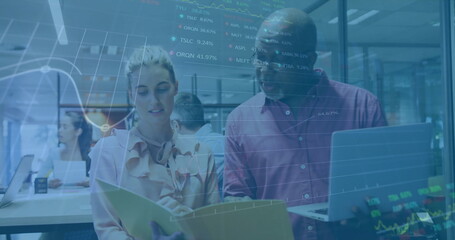 Image of financial data processing over diverse colleagues discussing work in office