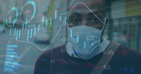 Image of financial data processing over african american man in face mask