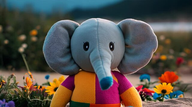 Sandy beach adorned with vibrant flowers. Multicolored stuffed elephant sits center stage, its large ears and expressive eyes drawing focus. Soft bokeh effect in background creates dreamy atmosphere. 