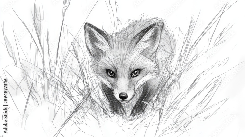 Wall mural a black and white sketch of a fox peeking out of tall grass.