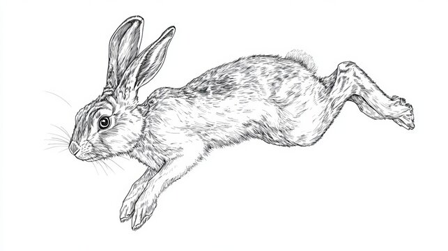 A detailed black and white line drawing of a rabbit in mid-leap.