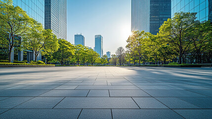 Fototapeta premium Empty square floor with modern office buildings and green trees in the city,