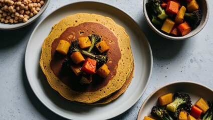 Chickpea flour pancakes with roasted veggies closeup
