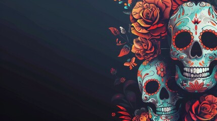 Obraz premium Colorful sugar skulls surrounded by vibrant flowers on a dark background.