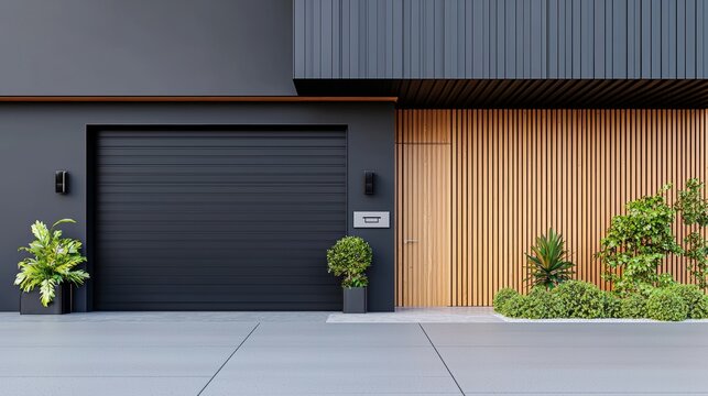 Contemporary minimalist house with sleek black garage door and modern landscaping.