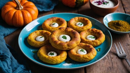 Chilean sopaipillas fried pumpkin bread with pebre closeup