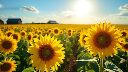 Fototapeta premium A beautiful field of vibrant sunflowers, all facing the bright sun. Their golden petals and towering stems create a stunning scene that radiates warmth and natural beauty.