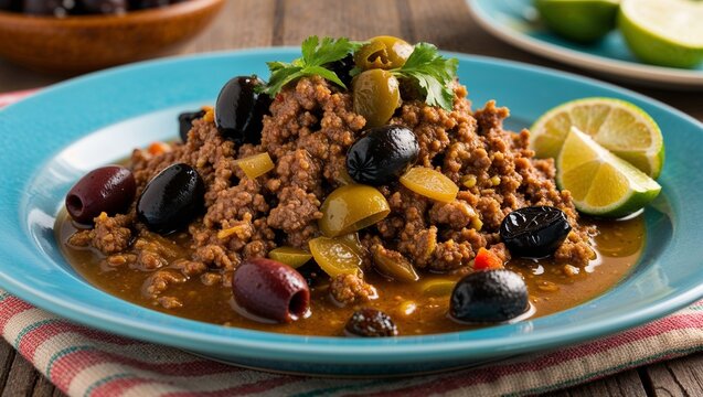 Cuban picadillo ground beef with olives and raisins closeup