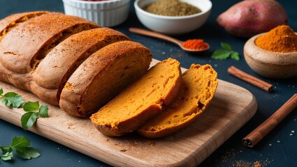 Haitian pain patate sweet potato bread with spices closeup