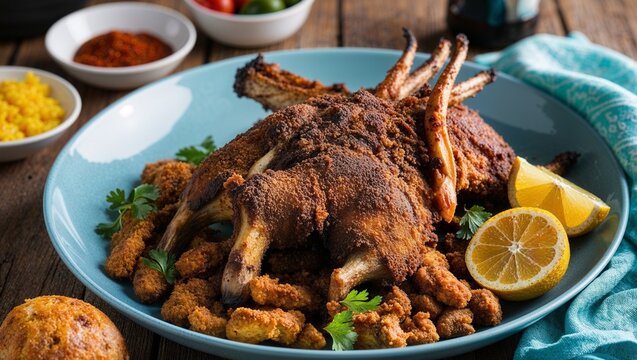 Haitian tasso fried spiced goat with pikliz closeup