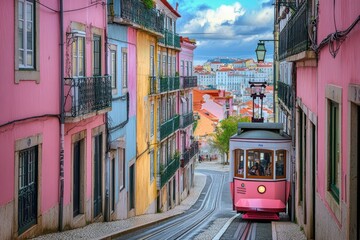 Explore the vibrant charm of Lisbon, Portugal, through this stunning photograph. The image captures the iconic cityscape of Lisbon, with its colorful buildings, historic trams, generative ai