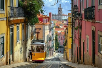 Fototapeta premium Explore the vibrant charm of Lisbon, Portugal, through this stunning photograph. The image captures the iconic cityscape of Lisbon, with its colorful buildings, historic trams, generative ai
