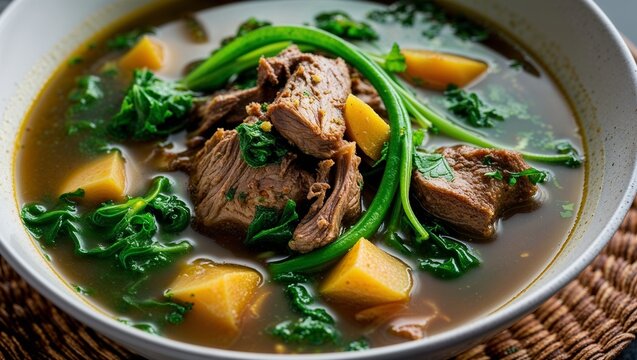 Malagasy romazava meat and greens in broth closeup