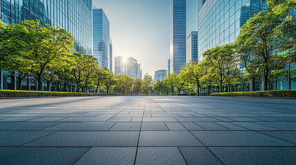 Fototapeta premium Empty square floor with modern office buildings and green trees in the city,