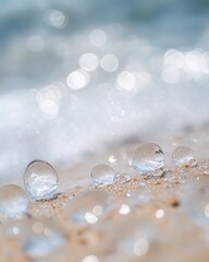 Fototapeta premium Water drops on the beach at sunset. Beautiful natural background with copy space.