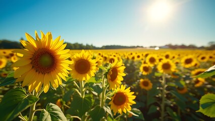 Fototapeta premium A beautiful field of vibrant sunflowers, all facing the bright sun. Their golden petals and towering stems create a stunning scene that radiates warmth and natural beauty.