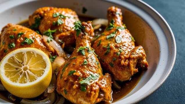 Senegalese yassa chicken marinated in lemon and onions closeup