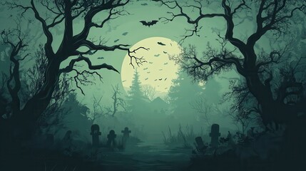 Eerie moonlit forest scene with silhouettes of trees and mysterious figures in the distance under a large full moon, perfect for Halloween theme.