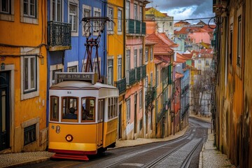 Fototapeta premium Explore the vibrant charm of Lisbon, Portugal, through this stunning photograph. The image captures the iconic cityscape of Lisbon, with its colorful buildings, historic trams, generative ai