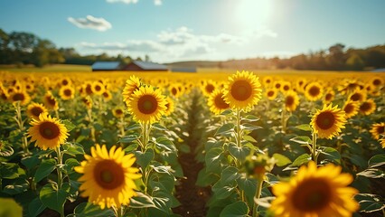 A beautiful field of vibrant sunflowers, all facing the bright sun. Their golden petals and towering stems create a stunning scene that radiates warmth and natural beauty.