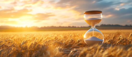 A glass hourglass is set in a field of golden wheat